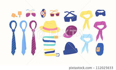 Cartoon Color Different Type Clothes Male Accessories Set Concept Flat Design Style. Vector illustration of Sunglasses,Scarf, Belt, Cap, Tie and Watch 112025633