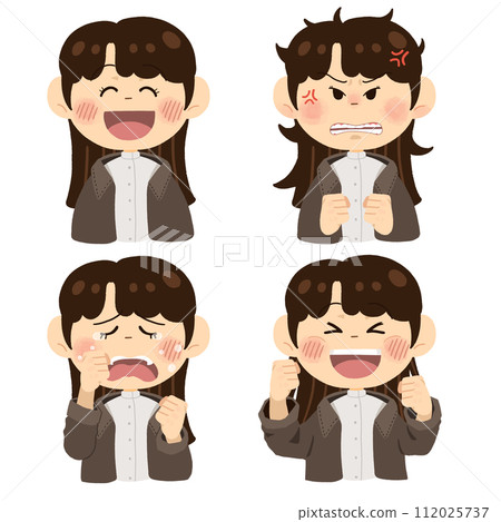 年輕女子的情緒，憤怒，悲傷，簡單可愛的插圖集 112025737
