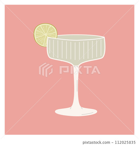 Gimlet Classic Cocktail garnish with lime slice. Classic alcoholic beverage. Summer aperitif. Minimalist alcoholic drink in trendy champagne glass isolated on background. Vector flat illustration. 112025835