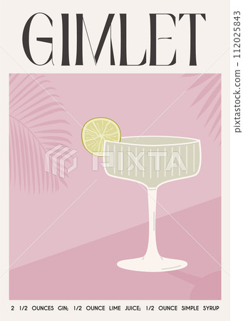 Gimlet Classic Cocktail garnish with lime slice. Classic alcoholic beverage recipe wall art print. Summer aperitif poster in muted color. Minimalist alcoholic drink placard. Vector flat illustration. 112025843