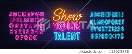 Show Your Talent neon lettering on brick wall background Show Your Talent neon lettering on brick wall background 112025888