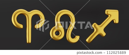 3d golden zodiac sign Aries, Sagittarius and Leo on a dark background. 3d golden zodiac sign Aries, Sagittarius and Leo on a dark background. 112025889