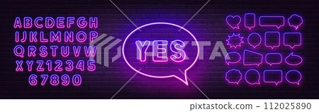 Purple Pink gradient fluorescent neon alphabet and speech bubble on brick wall background. Yes neon sign on brick wall background. Purple Pink gradient fluorescent neon alphabet and speech bubble on brick wall background. Yes neon sign on brick wall background. 112025890