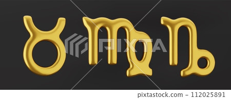 3d golden zodiac sign Taurus, Virgo and Capricorn on a dark background. 3d golden zodiac sign Taurus, Virgo and Capricorn on a dark background. 112025891