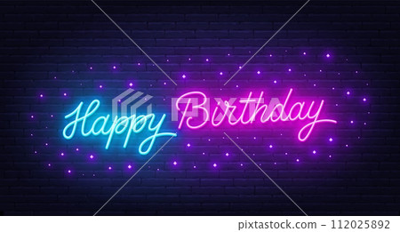 Happy Birthday neon text on brick wall background Happy Birthday neon text on brick wall background 112025892