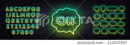 Green Yellow gradient fluorescent neon alphabet and speech bubble on brick wall background. Oh neon sign on brick wall background. Green Yellow gradient fluorescent neon alphabet and speech bubble on brick wall background. Oh neon sign on brick wall background. 112025893