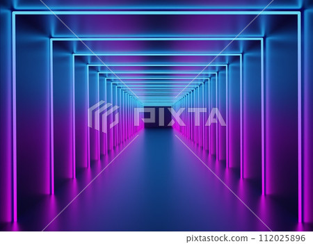 Blue Pink neon tunnel. Corridor with gradient blue pink glowing fluorescent lamp. Blue Pink neon tunnel. Corridor with gradient blue pink glowing fluorescent lamp. 112025896