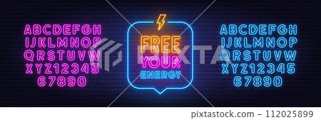Free Your Energy neon sign on brick wall background. Free Your Energy neon sign on brick wall background. 112025899