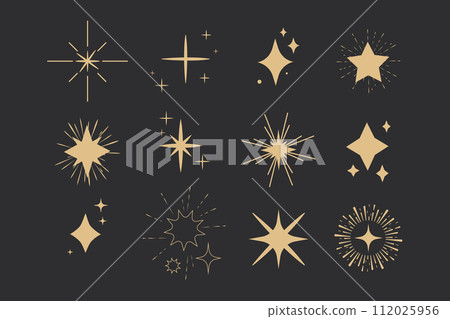 Set sparkle fireworks, star blink doodle gold sparkle holiday party explosion isolated on dark background. Golden magic celestial starburst Set sparkle fireworks, star blink doodle gold sparkle holiday party explosion isolated on dark background. Golden magic celestial starburst 112025956