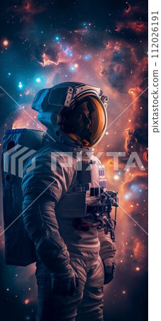 Portrait of an astronaut. Mars colonization or settlement concept. Astronaut in space suit in outer space with nebula reflection in helmet glass 112026191