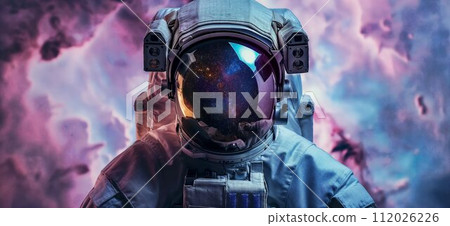 Portrait of an astronaut. Mars colonization or settlement concept. Astronaut in space suit in outer space with nebula reflection in helmet glass 112026226