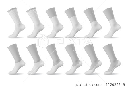 Realistic woman socks isolated 3d vector mockup set. White blank wear templates, classic fabric accessories. Modern everyday wear, long, middle and short cotton foot clothes, casual and sports types Realistic woman socks isolated 3d vector mockup set. White blank wear templates, classic fabric accessories. Modern everyday wear, long, middle and short cotton foot clothes, casual and sports types 112026249