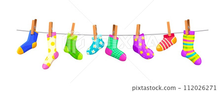 Cotton and wool socks on clothesline rope with clothespins, cartoon vector background. Kids socks hanging on line with pins, socks with color ornament pattern hanging on laundry clothesline 112026271