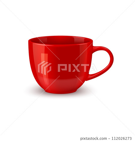 Red ceramic coffee mug and tea cup mockup, realistic tableware. Isolated 3d vector glossy bowl, boasts a sleek design with a comfortable handle. Its rich scarlet hue adds warmth to morning ritual 112026273