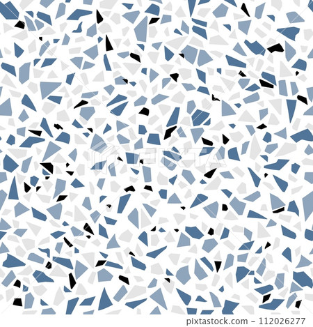 Grey, blue and black terrazo mosaic tile pattern, terazo stone background, terazzo ceramic marble floor texture. Vector captivating ornament, features vibrant blend of marble, granite, and glass chips 112026277