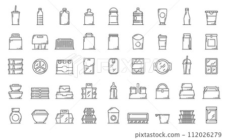 Plastic food containers and package icons. Fast food meal and drinks delivery disposable containers and boxes, water, milk and sweet beverages bottles, preserves, cosmetics products packaging icons Plastic food containers and package icons. Fast food meal and drinks delivery disposable containers and boxes, water, milk and sweet beverages bottles, preserves, cosmetics products packaging icons 112026279