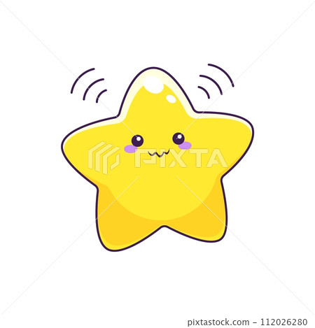 Cartoon cute kawaii star character with shy smile and face. Vector space personage, funny little twinkle star emoji or embarrassed superstar emoticon shining in the sky with bright yellow beams 112026280