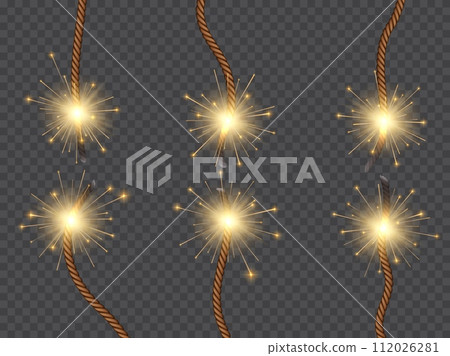 Bomb burning wicks or dynamite fuses with fire flame lit, isolated vector on transparent background. Firework or firecracker ignition ropes with sparks, TNT explosive detonator wicks or dynamite fuses 112026281