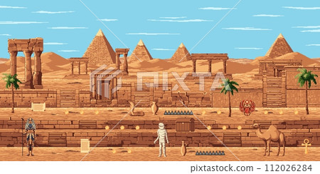 8bit pixel art arcade game level map with ancient Egypt pyramids and mummy, vector background. Palms and cobra snake, stair platforms and manuscripts with Ancient Egypt temples for 8 bit arcade game 112026284