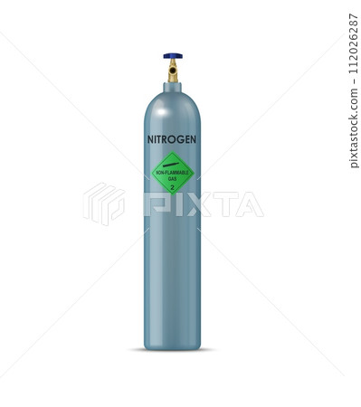Realistic nitrogen gas cylinder, compressed gas metal balloon. Isolated vector tall silver tank with non-flammable symbol. Sturdy valve on top, essential gas for industrial and scientific processes 112026287