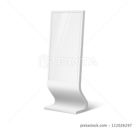 Advertising stand display or ad screen board mockup of white vertical billboard, isolated vector. Information display or lightbox stand with curved base, 3D object of POS advertising display mock up 112026297