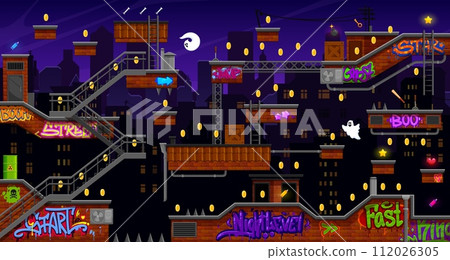 Arcade building roof game level map interface. Golden coins, roof, platforms and metal stairs, graffiti and ghosts. Vector 2d computer and video game UI with night city houses cartoon background 112026305