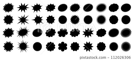Black starburst sale price seals, stickers and labels for callout and splash, vector star rosettes. Oval and sunburst, stamp and tag badge silhouettes for price promotion labels or sale discount promo Black starburst sale price seals, stickers and labels for callout and splash, vector star rosettes. Oval and sunburst, stamp and tag badge silhouettes for price promotion labels or sale discount promo 112026306