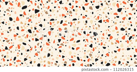 Terrazzo ceramic tile pattern or terazzo marble mosaic texture for terazo floor, vector seamless background. Orange and black marble pieces and granite abstract pattern of terazo mosaic background 112026315
