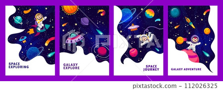Space posters with kid astronauts and starry galaxy, alien UFO and planets, vector backgrounds. Cartoon kid spaceman on space adventure and galaxy exploration with spaceship shuttle between sky stars Space posters with kid astronauts and starry galaxy, alien UFO and planets, vector backgrounds. Cartoon kid spaceman on space adventure and galaxy exploration with spaceship shuttle between sky stars 112026325
