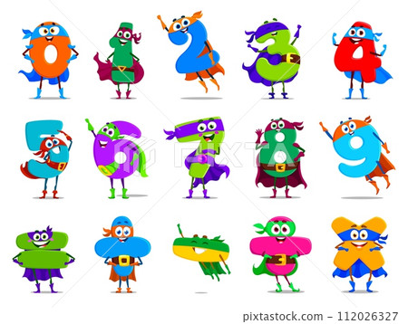 Cartoon math number nine superhero characters wear cape and mask. Isolated vector one, two, three, four or five. Six, seven, eight and zero educational digit defenders. Plus or minus school personages Cartoon math number nine superhero characters wear cape and mask. Isolated vector one, two, three, four or five. Six, seven, eight and zero educational digit defenders. Plus or minus school personages 112026327
