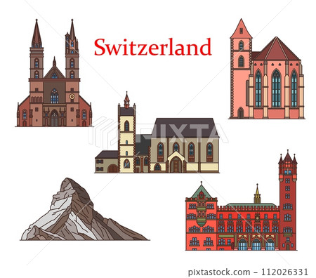 Switzerland landmarks, Basel churches and cathedrals, vector architecture buildings. Minster Cathedral and Matterhorn mountain Peak, Leonhardskirche church, Town Hall and Saint Alban Tower 112026331