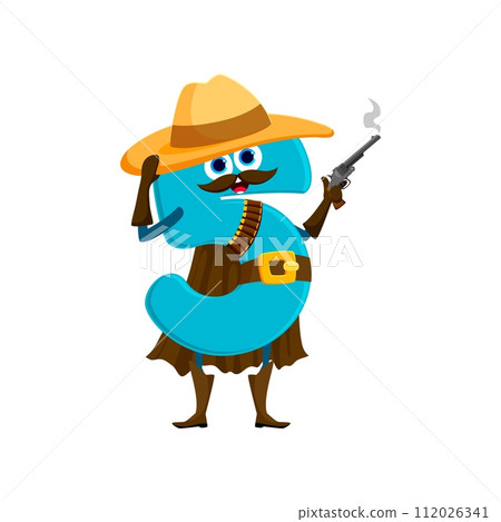 Cartoon cowboy, sheriff, and robber math number character. Isolated vector grinning 5 personage in tilted hat, brandishes a revolver, ready for a numerical showdown in the wild equations of learning Cartoon cowboy, sheriff, and robber math number character. Isolated vector grinning 5 personage in tilted hat, brandishes a revolver, ready for a numerical showdown in the wild equations of learning 112026341
