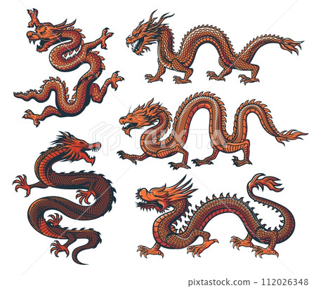 Asian dragon, China zodiac or Chinese and Japanese oriental culture monster, vector animal. Asian dragons for Chinese lunar new year festival and prosperity symbol or tattoo of oriental flaying dragon Asian dragon, China zodiac or Chinese and Japanese oriental culture monster, vector animal. Asian dragons for Chinese lunar new year festival and prosperity symbol or tattoo of oriental flaying dragon 112026348