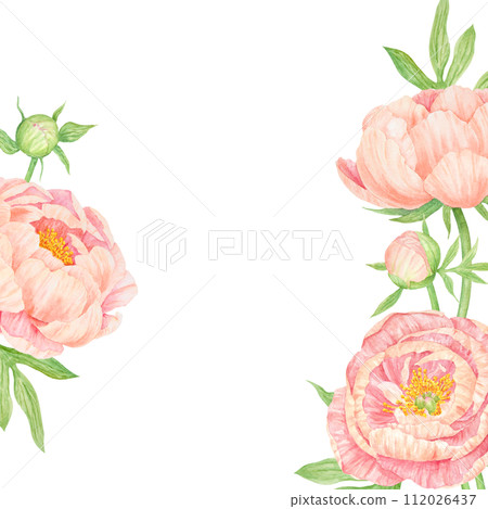 Peach peony bouquet watercolor hand drawn frame. Chinese national symbol illustration. Realistic flower clipart, floral arrangement for card design, wedding invitation, prints, textile, packing Peach peony bouquet watercolor hand drawn frame. Chinese national symbol illustration. Realistic flower clipart, floral arrangement for card design, wedding invitation, prints, textile, packing 112026437
