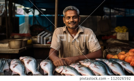 Smiling Indian fisherman with a table of fresh fish. Cheerful guy selling fish at a local market. Happy fisherman with a lot of seafood. Man selling fish. 112026592
