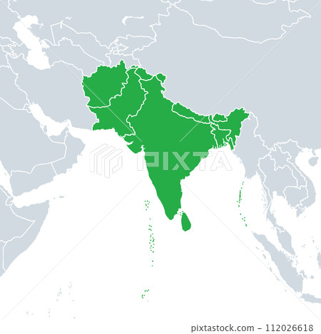 South Asia political map. Southern subregion of Asia, defined in geographical and ethnic-cultural terms. The countries Afghanistan, Bangladesh, Bhutan, India, Maldives, Nepal, Pakistan, and Sri Lanka. South Asia political map. Southern subregion of Asia, defined in geographical and ethnic-cultural terms. The countries Afghanistan, Bangladesh, Bhutan, India, Maldives, Nepal, Pakistan, and Sri Lanka. 112026618
