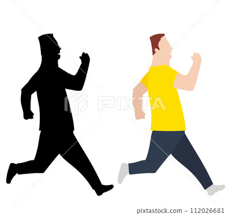 Running fat man and his silhouette in black color. Active human body, sport movement. Side view. Jpeg flat design Running fat man and his silhouette in black color. Active human body, sport movement. Side view. Jpeg flat design 112026681