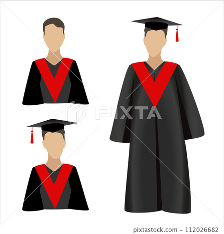 Man in graduation ceremonial clothing. Set of graduate hats, academic squares or student caps and mantles in different colors. Vector isolated on white Man in graduation ceremonial clothing. Set of graduate hats, academic squares or student caps and mantles in different colors. Vector isolated on white 112026682
