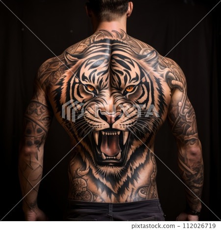 Full back tattoo of a brutal, angry tiger. Close up image of a back with a cool tiger tattoo. A person with a big colored tattoo of a roaring, aggressive animal on a dark background. AI generated. Full back tattoo of a brutal, angry tiger. Close up image of a back with a cool tiger tattoo. A person with a big colored tattoo of a roaring, aggressive animal on a dark background. AI generated. 112026719
