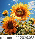 Close up of sunflowers in a field. Yellow sunflowers in a sunflower field on the background of a blue sky with clouds. Group of beautiful big yellow flowers with seeds on a sunny day. 112026868
