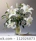 Beautiful transparent glass vase with standing on a gray background in the studio light. Transparent glass vase with big white flowers standing in the water. 112026873