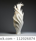 Beautiful white slim vase with amazing curves standing on a gray background in the studio light. Thin bud vase with a wavy shape standing under white light. 112026874