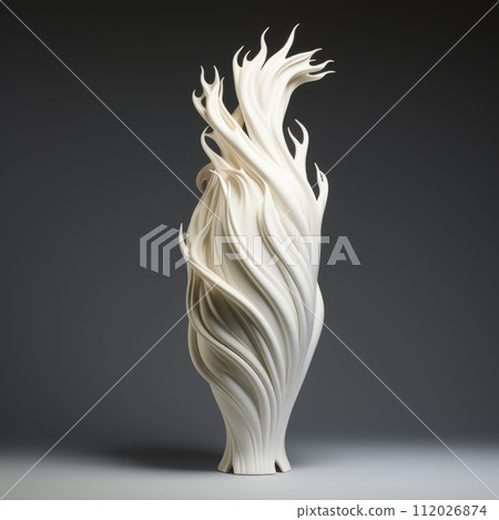 Beautiful white slim vase with amazing curves standing on a gray background in the studio light. Thin bud vase with a wavy shape standing under white light. 112026874
