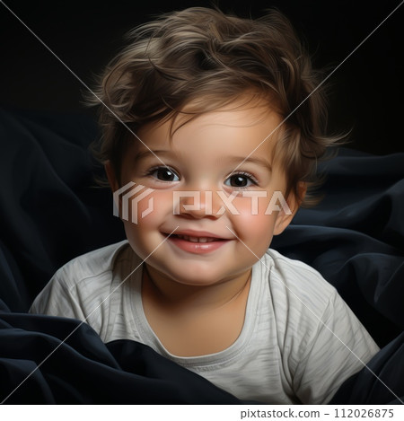 Excited baby boy on a black background smiling and looking at the camera. Studio shot of an amused small baby sitting in black blankets. Cute cheerful child with small white teeth. Excited baby boy on a black background smiling and looking at the camera. Studio shot of an amused small baby sitting in black blankets. Cute cheerful child with small white teeth. 112026875