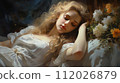 Beautiful young girl with long hair in a dress sleeping in bed. Closeup of a beautiful woman with wavy hair lying in bed with closed eyes. Illustration acrylic watercolor painting pretty girl sleeping 112026879