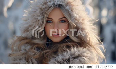 Beautiful young girl in a fur coat on a snowy winter background. Portrait of a beautiful girl in a white fur coat standing on a blurred forest background looking at the camera. Beauty fashion concept. 112026882