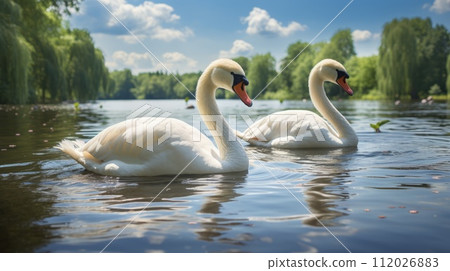 Acrylic painting of two swans swimming in a lake. Oil painting of two beautiful white swans in a pond. Ai generated illustration of a family of swans on the background of a green forest. 112026883