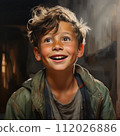 Art portrait of a happy boy looking up. Colorful illustration painting of an excited little boy looking upwards. Detailed vibrant drawing of a cheerful small child smiling and looking up. 112026886