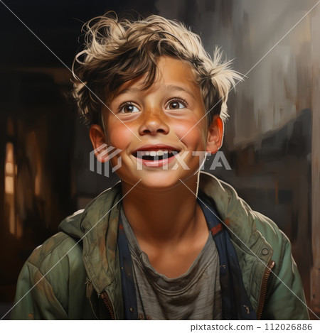 Art portrait of a happy boy looking up. Colorful illustration painting of an excited little boy looking upwards. Detailed vibrant drawing of a cheerful small child smiling and looking up. 112026886