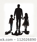 Family silhouette. Black silhouette of a family. Silhouette of a father with two children. Black and white back view silhouette of a father walking with his daughter and son holding hands. 112026890